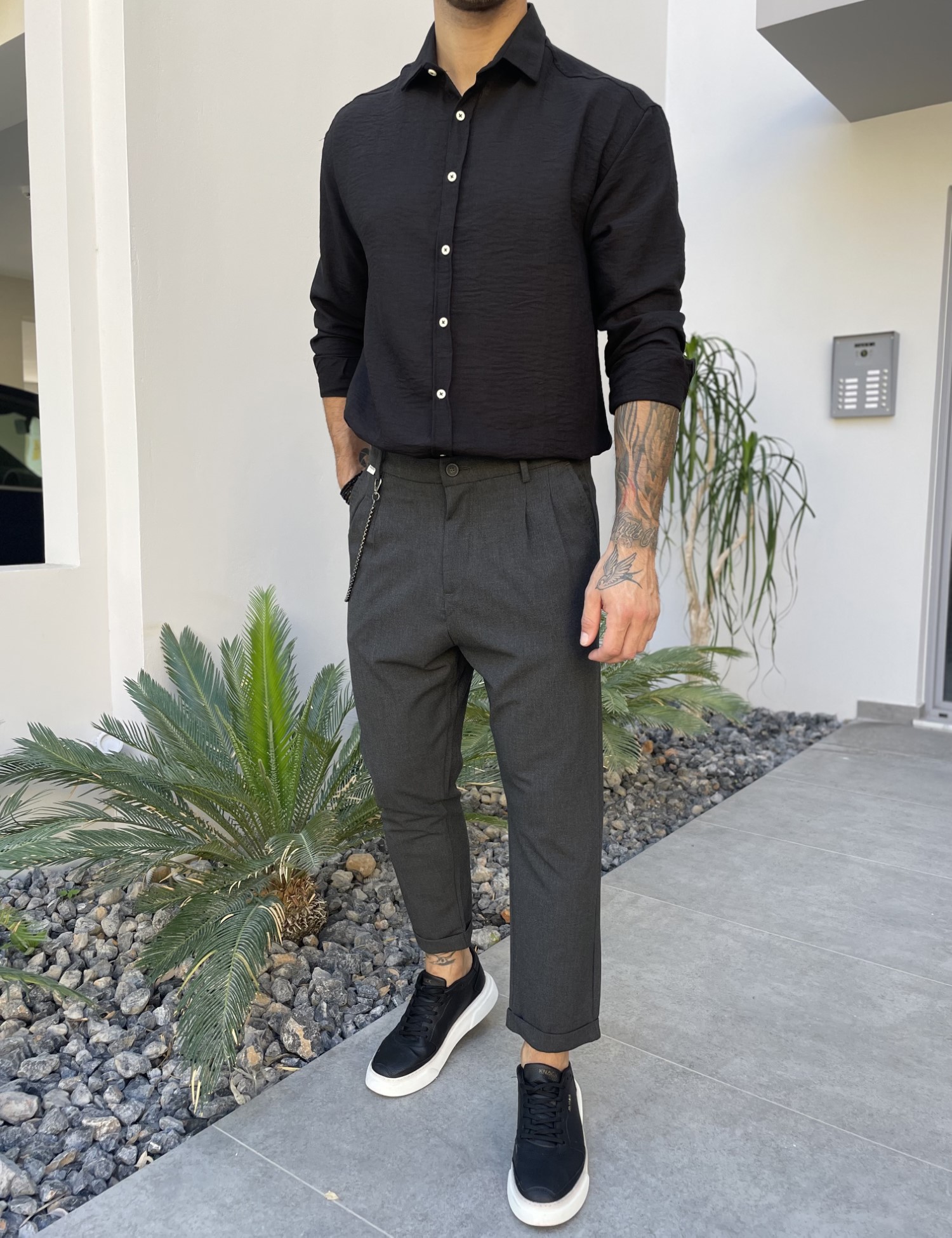 Joggermen ανδρικό γκρι υφασμάτινο παντελόνι με πιέτες και λάστιχο στην μέση 2003G φωτογραφία